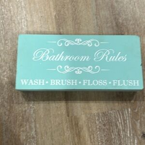 Bathroom rules sign - wash brush floss flush - 11x5x2 inches - wooden
